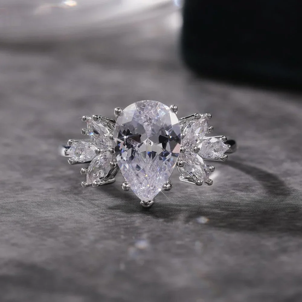 🌸Beautiful Water Drop With Leaf Crystal Pure CZ Silver Pear Wedding Ring, K800_6